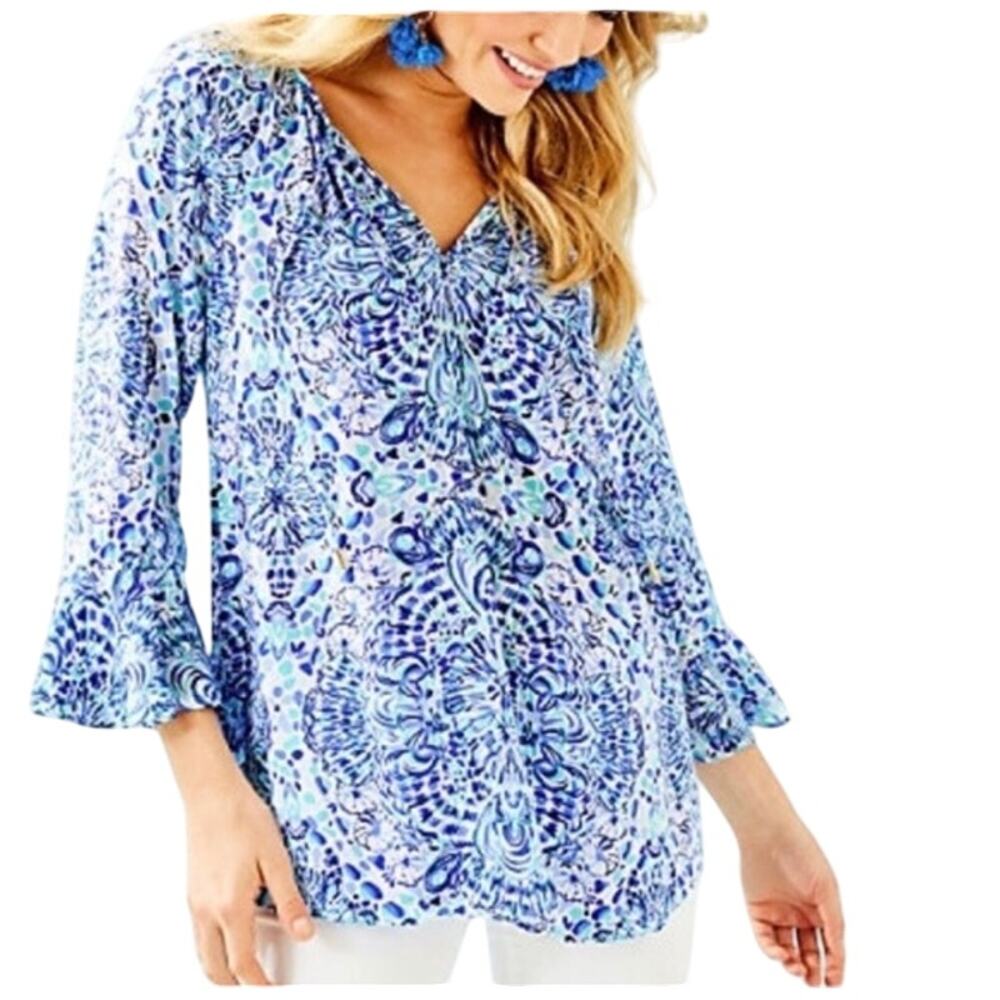 Lilly Pulitzer Willa Flounce Sleeve Top Bell 3/4 Sleeve Blue Aqua Beach F2